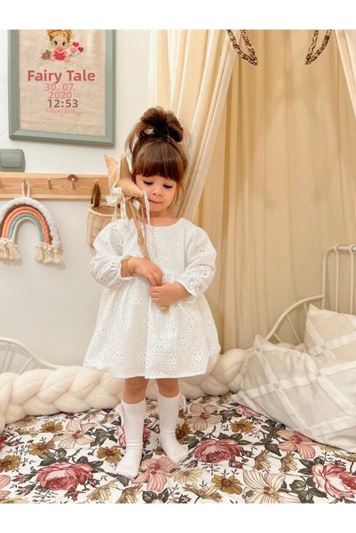penu baby kids Off-white floral patterned lace fabric long-sleeved girl's dress with bow detail for baby girls.