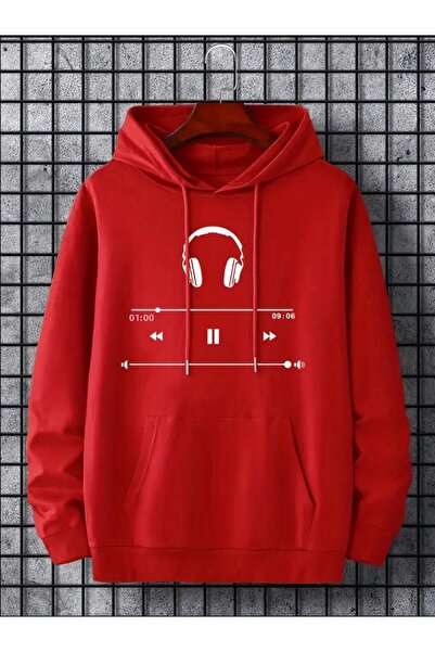 caddekombin سويت شيرت بجيب وغطاء للرأس مطبوع عليه سماعات الرأس