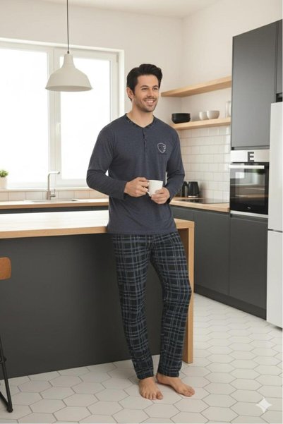 Sude HOMEWEAR قميص رجالي من Ercan بياقة مربعة وأزرار باللون الرمادي الداكن Pjm Tkm