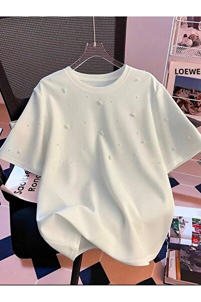 NATUFIAN STORE Women's White Pearl Upholstered Basic Crew Neck T-Shirt