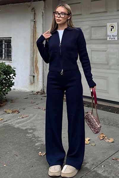 Swist Set de îmbrăcăminte pentru femei, albastru bleumarin, cu guler polo Cara, cu fermoar reversibil, pantaloni crop, tricotaje pentru femei