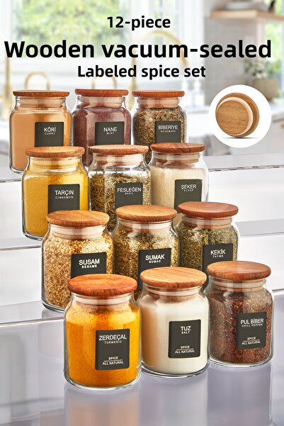 Kitchen Life Myrina Labeled 12-Piece Wooden Vacuum Lidded Spice Jar Set 300ml X12