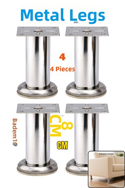 Badem10 Chrome Metal with Plate 8 cm Silver 4 Pcs Furniture Leg Modern Armchair Sofa Tv Unit Leg Feet