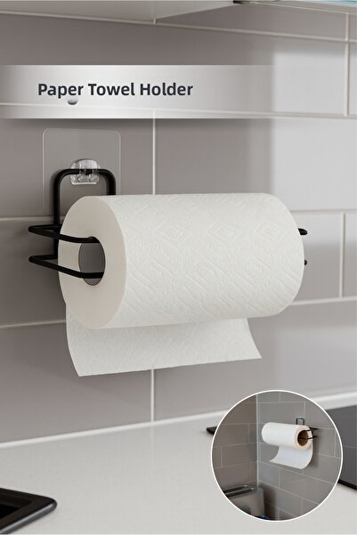 Orvila Self Adhesive Metal Roll Paper Towel Holder - Bathroom Kitchen Towel Holder - Black
