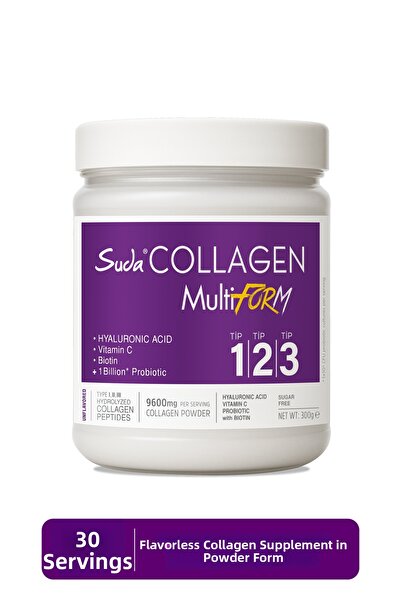 Suda Collagen مسحوق الكولاجين متعدد الأشكال غير المعطر - النوع I-II-III، فيتامين C، البيوتين، حمض الهيالورونيك، البروبيوتيك |   300 جرام