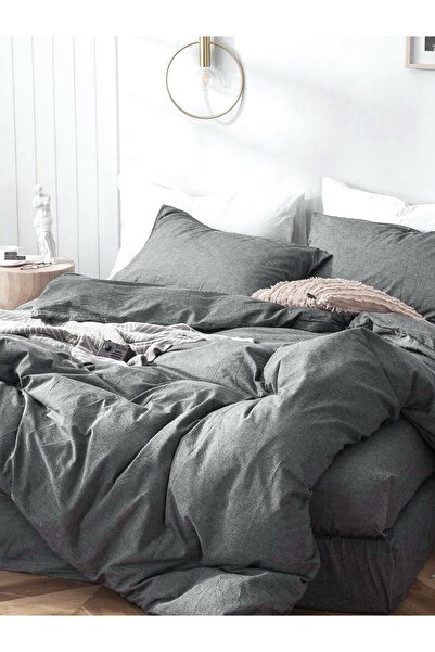 CAQQA طقم غطاء لحاف قطني مرن بملاءة مزدوجة باللون الرمادي الداكن