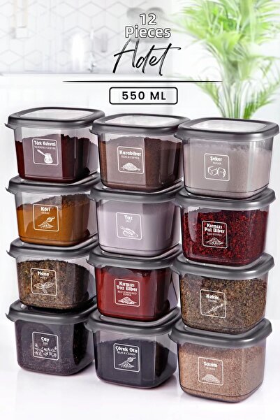 Kitchen Life Σετ Μπαχαρικών 12 τετράγωνων ανθρακί ετικετών -550 ml - Τετράγωνο 12 τεμαχίων