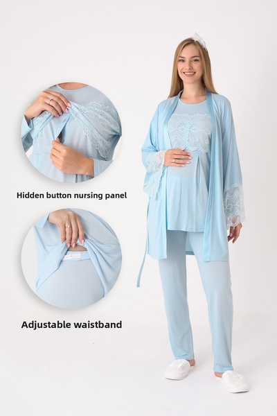 ERDENİZ TEKSTİL طقم بيجامة وثوب نوم للحوامل / ملابس نوم مريحة للرضاعة / قميص نوم فيسكوز مع تفاصيل دانتيل