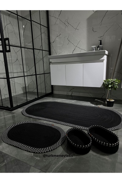 Türkmen Ev Tekstil طقم حمام أسود كبير الحجم من قش الجوت، طقم سجادة حمام، سلة ...