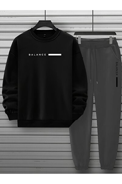 zeag Unisex Γκρι Σετ Φούτερ με λαιμόκοψη BALANCE Σετ φόρμας με στάμπα Şardonlu