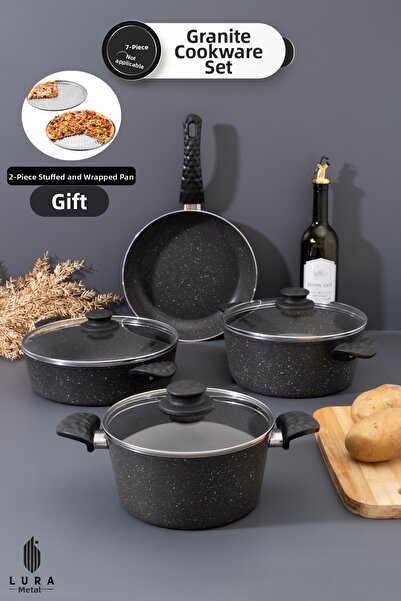 Skygo 7 Piece Gray Granite Cookware Set - Fireproof Non-Stick | 26 cm (Fountain Wrap Base Gift)