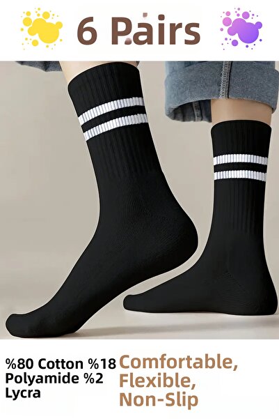 İbrahim Berk 6 ζευγάρια μακριές ανδρικές αθλητικές κάλτσες Λευκές μαύρες ρίγε...
