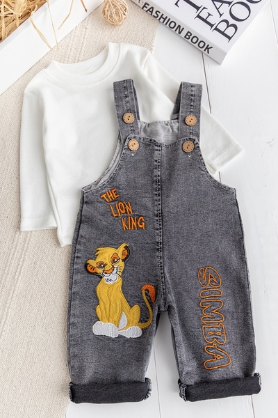 Babymod طقم بذلة من قطعتين من قماش الدنيم للأطفال الرضع مع شكل أسد