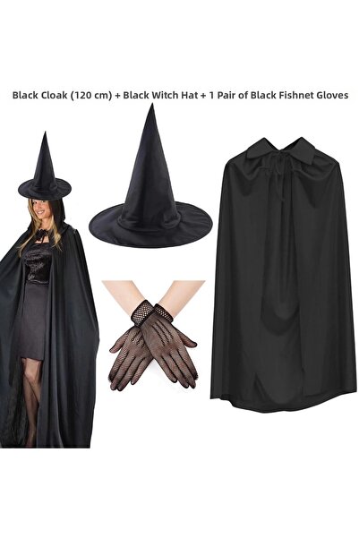 magicool 120 cm Black Collared Witch Cape Witch Hat and 1 Pair of Black Short...