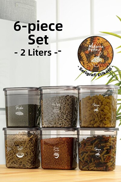 Vienev Set of 6 Maxi Size Peggy Long Rectangular Storage Container with White Screen Printing Label 2 Liters Anthracite