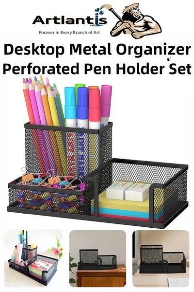Artlantis Desktop Metal Pen Holder Set 3-Piece Combo 1 Pack Mesh Perforated P...