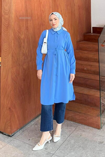 lamelif Long Hijab Tunic with Tie Detail Indigo