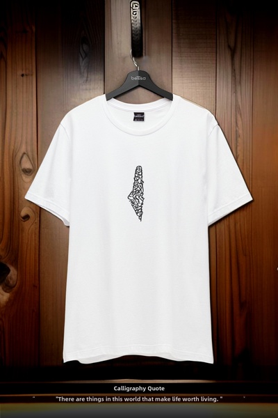 BESSA Palestine Map Printed White Cotton T-Shirt Crew Neck Basic Women Men