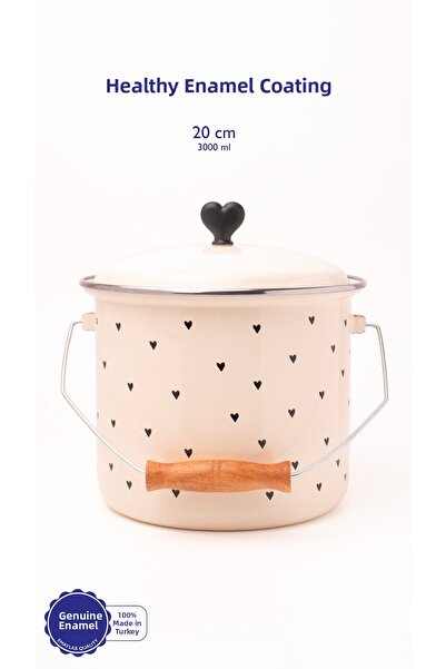 EMAYlab كوب أسود منقوش على شكل قلب من المينا للزبادي/البقوليات (20 سم - 3 لتر - متوافق مع جميع المواقد)