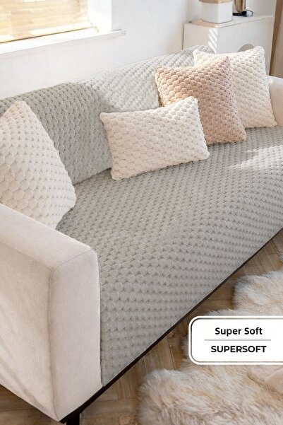 Evlen Home Collection غطاء أريكة من الفرو الناعم مقاس 170 × 215 سم، غطاء أريكة فاخر من القطيفة الناعمة غير قابل للانزلاق، رمادي