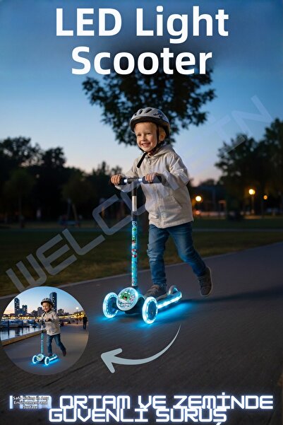welcomein سكوتر بثلاث عجلات مع إضاءة LED وارتفاع قابل للتعديل (67-73 سم) (الخوذة غير مشمولة)