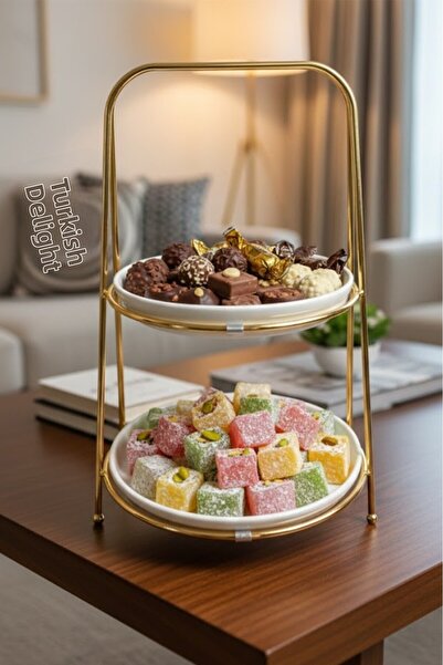 Tiesa Home 2-Tier Round Gold Metal Stand Ceramic Serving Bowl Sugar Bowl Turk...