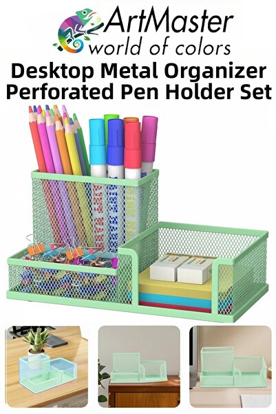 Artmaster Desktop Metal Pen Holder Set 3-Piece Combo Light Green 1 Pack Mesh ...