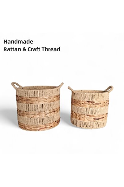 hamptons سلة من القش مصنوعة يدويًا، قطعتان، متعددة الأغراض، بهيكل معدني، مع م...