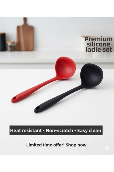 TARIK HOME 28 Cm. Set of 2 Silicone Soup Ladles - Heat Resistant Hard Tip Black & Red