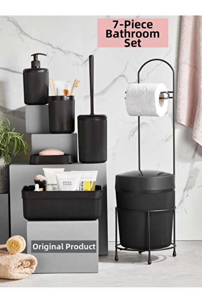 AbaTech طقم حمام مكون من 7 قطع مع سلة مهملات وحامل مناديل وفرشاة وصندوق مستحض...