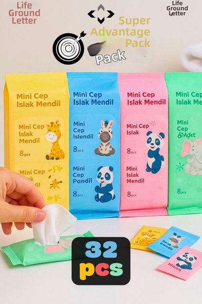İlkbenaldim 4X8 32 Pack Mini Pocket Wet Wipes Unscented Cleaning Cloth Portab...