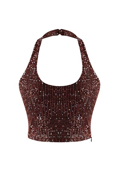 Trendyol Collection Brown Square Neck Fitted Sequin Party Blouse Tprss26Bz00013