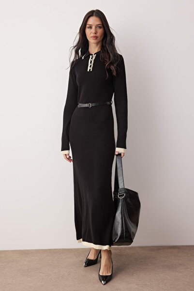 Trendyol Modest Black Belted Polo Neck Knitwear Thessaloniki Dress Tctaw26Eb00065