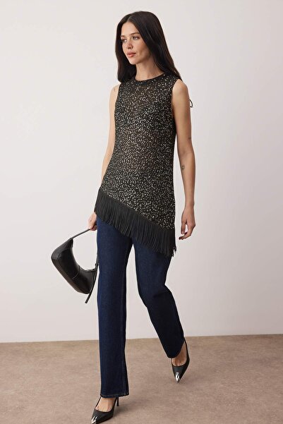 Trendyol Collection Black Sequin Tassel Detailed Knitwear Slim Blouse Twoaw26Bz00359
