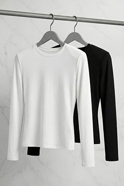 Trendyol Curve Black-White Viscose Rib Knitted Plus Size Blouse Tbbss26Af00011