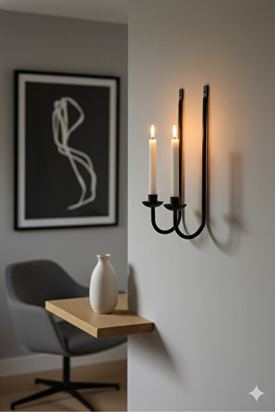 Samsun Demsa Demir Ferforje Sade Siyah Metal Duvar Askılı İkili Dekoratif Mumluk Şamdan