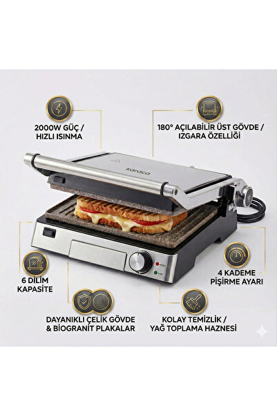 Karaca Biogranit Inox Tost Makinesi 2000W 6 Dilim Çıkarılabilir Yıkanabilir Plaka