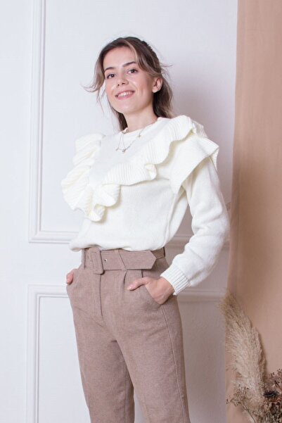 VARENZEA Women's Volan Detailed Ruffled Crew Neck Ecru Knitwear Sweater