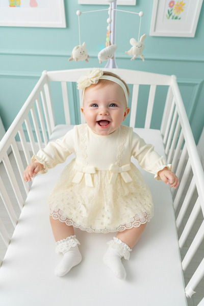 Miniday Baby Kız Bebek Mevlütlük Elbise Dantelli Bandanalı ELB1071