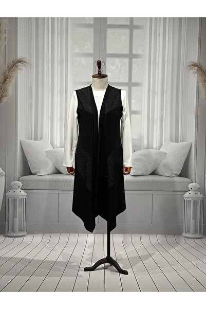 HESNA Women's Sevda Large Size Verev Glitter Asymmetrical Black Vest