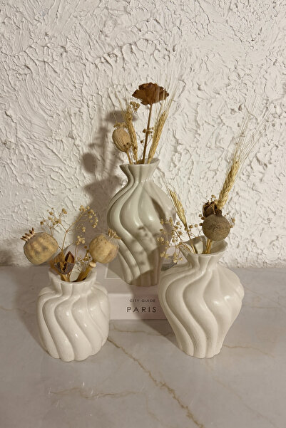 Zigzag Home Set de vaze în stil boem decorativ, 3 piese, Twist Art, în stil boem, set de vaze cu flori, set de bibelouri, culoare bej