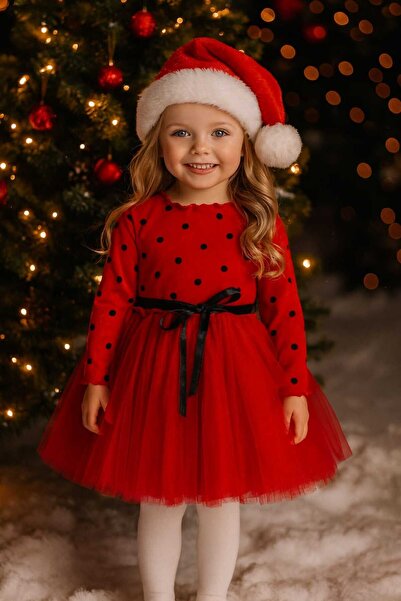 Şirin Şeyler Butiği Linda Uzun Kol Kız Çocuk Prenses Kabarık Tütü Elbise Puantiyeli Esnek Likralı Kırmızı Tüllü Yılbaşı