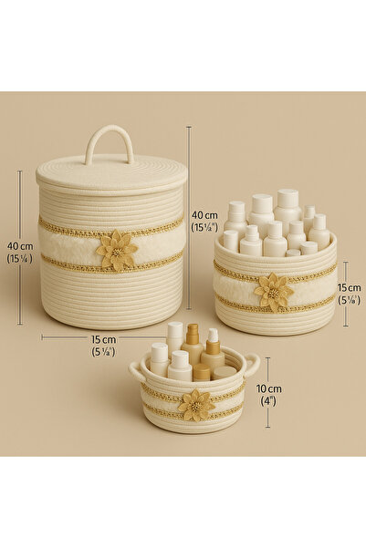 RH GALAXİ TEKSTİL Kahverin Decor Ekru Premium 3’lü Çeyiz ve Dekoratif Sepet S...