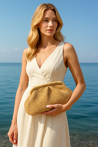 TOM COMPANY Hasır Burslu El Çantası-Clutch Çanta-Krem