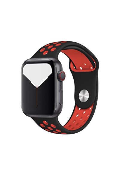 Melikzade Apple Delikli Silikon Watch Uyumlu Kordon – Siyah/Kırmızı (46/45/44mm & Series 1-3 42mm, M/L)
