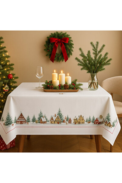 Lenjerii Deosebite Χριστουγεννιάτικο τραπεζομάντιλο με καμπίνες και δέντρα, 100% βαμβάκι 140x180cm, Καμπίνα
