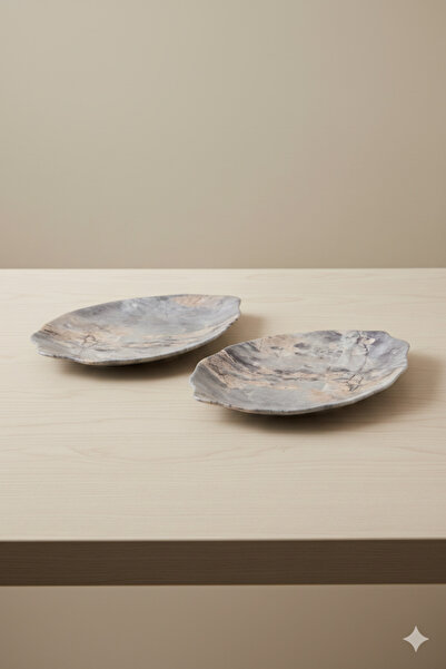 Külsan طقم صحون تقديم ميلامين لون رخامي مكون من قطعتين مقاس 34 سم