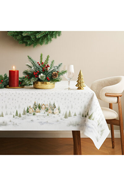 Lenjerii Deosebite Fata de masa Craciun cu brazi si casute, bumbac 100% 140x180cm, Snowy