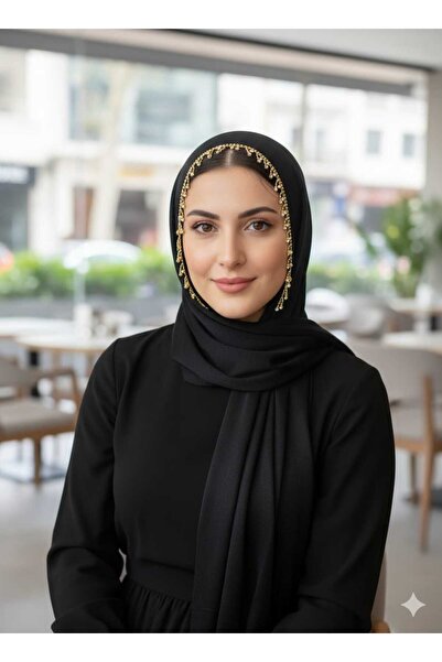 ALLURİNG TASARIM ABİYE ŞAL ETRAFI ŞERİT TAŞLI SİYAH GOLD RENGİ TAŞLI