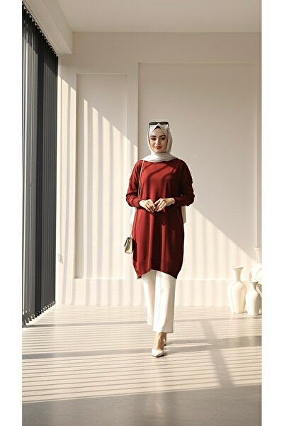 ERLINE Bordo Bisiklet Yaka Merserize Salaş Triko Tesettür Tunik